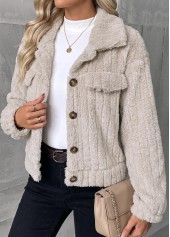 Beige Button Long Sleeve Turn Down Collar Coat 3