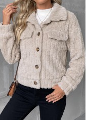 Beige Button Long Sleeve Turn Down Collar Coat 5