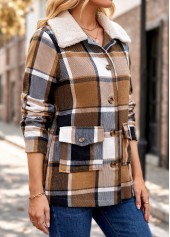 Light Coffee Patch Pocket Plaid Long Sleeve Coat | thumb picture 