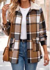 Light Coffee Patch Pocket Plaid Long Sleeve Coat
