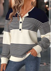 Navy Striped Tummy Coverage Long Sleeve Split Neck Sweater | thumb picture 