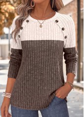 Light Coffee Patchwork Long Sleeve Round Neck T Shirt