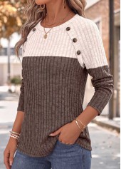 Light Coffee Patchwork Long Sleeve Round Neck T Shirt | thumb picture 