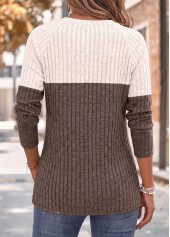 Light Coffee Patchwork Long Sleeve Round Neck T Shirt | thumb picture 