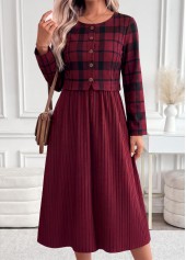 Dark Reddish Purple Plaid Patchwork Long Sleeve Dress