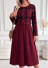 Dark Reddish Purple Plaid Patchwork Long Sleeve Dress 3