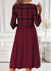 Dark Reddish Purple Plaid Patchwork Long Sleeve Dress 2