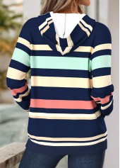 Navy Striped Kangaroo Pocket Long Sleeve Split Neck Hoodie | thumb picture 