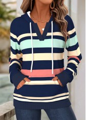 Navy Striped Kangaroo Pocket Long Sleeve Split Neck Hoodie