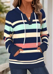 Navy Striped Kangaroo Pocket Long Sleeve Split Neck Hoodie | thumb picture 