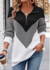 Black Tummy Coverage Long Sleeve Turn Down Collar Sweater