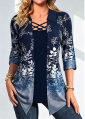 Denim Blue Leaf Print Fake Two Piece Twinset