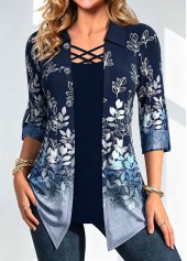 Denim Blue Leaf Print Fake Two Piece Twinset | thumb picture 