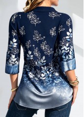 Denim Blue Leaf Print Fake Two Piece Twinset | thumb picture 