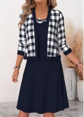 Navy Plaid Two-piece Long Sleeve Dress and Cardigan | thumb picture 