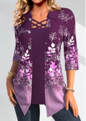 Purple Leaf Print Fake Two Piece Twinset 3