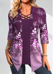 Purple Leaf Print Fake Two Piece Twinset