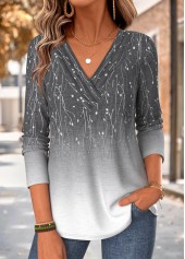 Grey Ombre Long Sleeve V Neck T Shirt