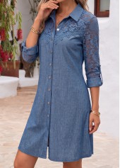 Denim Blue Patchwork Long Sleeve Shirt Collar Dress 3
