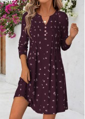 Dark Purple Floral Print Short Tuck Stitch Dress