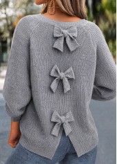 Grey Bowknot Long Sleeve Round Neck Sweater