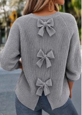 Grey Bowknot Long Sleeve Round Neck Sweater | thumb picture 