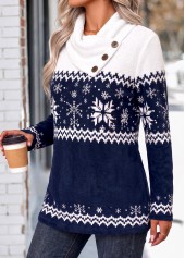 Navy Snowflake Print Curved Hem Long Sleeve T Shirt | thumb picture 