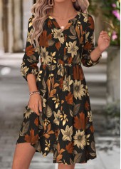 Black Leaf Print Shirred Long Sleeve Split Neck Dress