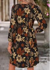 Black Leaf Print Shirred Long Sleeve Split Neck Dress | thumb picture 