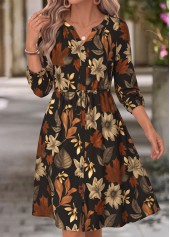 Black Leaf Print Shirred Long Sleeve Split Neck Dress | thumb picture 