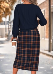 Navy Plaid Two-piece Long Sleeve Dress and Cardigan | thumb picture 