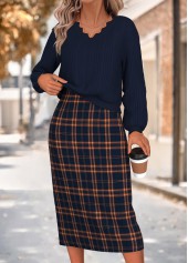 Navy Plaid Two-piece Long Sleeve Dress and Cardigan | thumb picture 