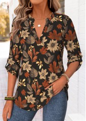 Multi Color Floral Print Curved Hem Long Sleeve Shirt