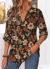 Multi Color Floral Print Curved Hem Long Sleeve Shirt 3