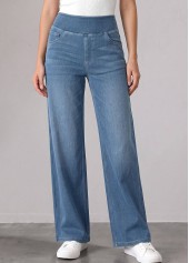Denim Blue Straight Leg Elastic Waist High Waisted Jeans