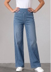Denim Blue Straight Leg Elastic Waist High Waisted Jeans | thumb picture 