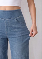 Denim Blue Straight Leg Elastic Waist High Waisted Jeans | thumb picture 