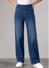 Denim Blue Straight Leg Elastic Waist High Waisted Jeans