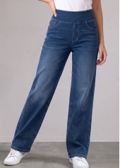 Denim Blue Straight Leg Elastic Waist High Waisted Jeans | thumb picture 