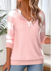 Light Pink Plaid Button Long Sleeve Round Neck Sweatshirt | thumb picture 