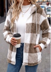 Light Coffee Double Side Pockets Plaid Long Sleeve Coat | thumb picture 