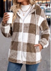 Light Coffee Double Side Pockets Plaid Long Sleeve Coat | thumb picture 