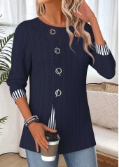 Navy Striped Patchwork Long Sleeve Round Neck Blouse | thumb picture 