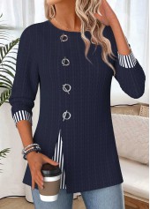 Navy Striped Patchwork Long Sleeve Round Neck Blouse