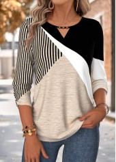 Light Coffee Geometric Print Shirred 3/4 Sleeve Blouse