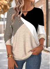 Light Coffee Geometric Print Shirred 3/4 Sleeve Blouse | thumb picture 