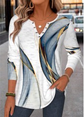 White Geometric Print Curved Hem Long Sleeve T Shirt