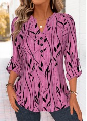 Violet Leaf Print Curved Hem Long Sleeve Shirt