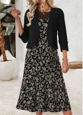 Black Ditsy Floral Print Two-piece Dress and Cardigan