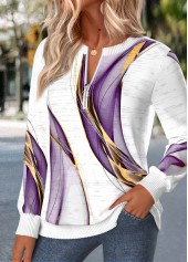 Purple Geometric Print Zipper Long Sleeve Round Neck Sweatshirt | thumb picture 